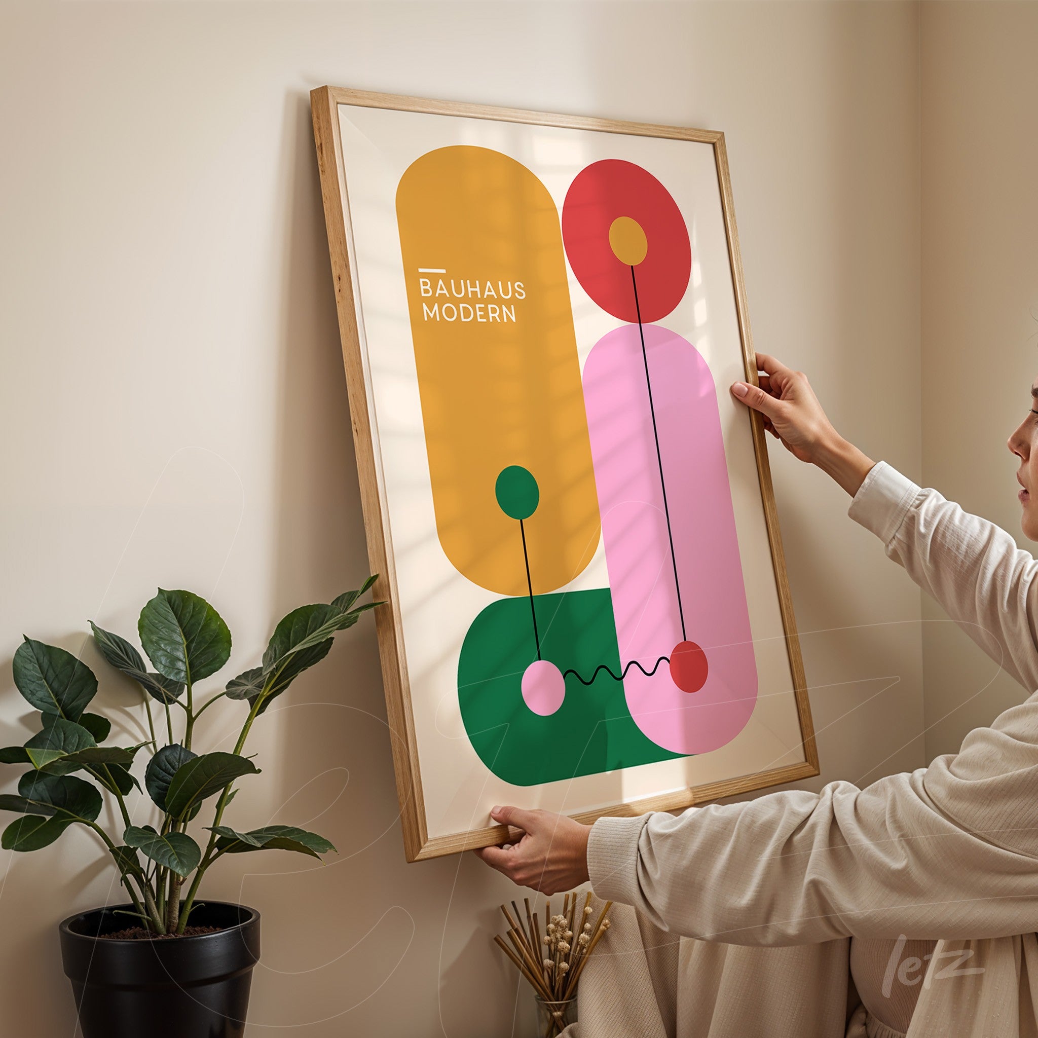 framed wall art in bauhaus modern style with vibrant colors like yellow, green, pink, and red