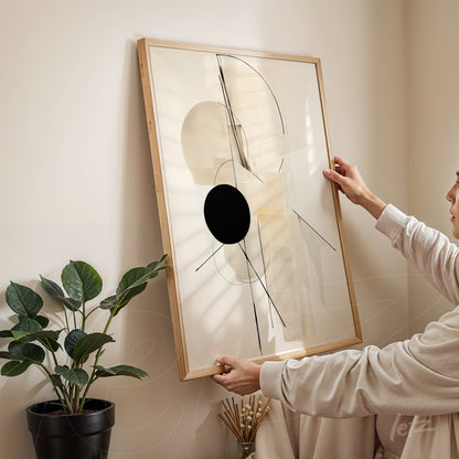 modern artwork featuring geometric compositions in light wooden frame held by a person in an indoor setting