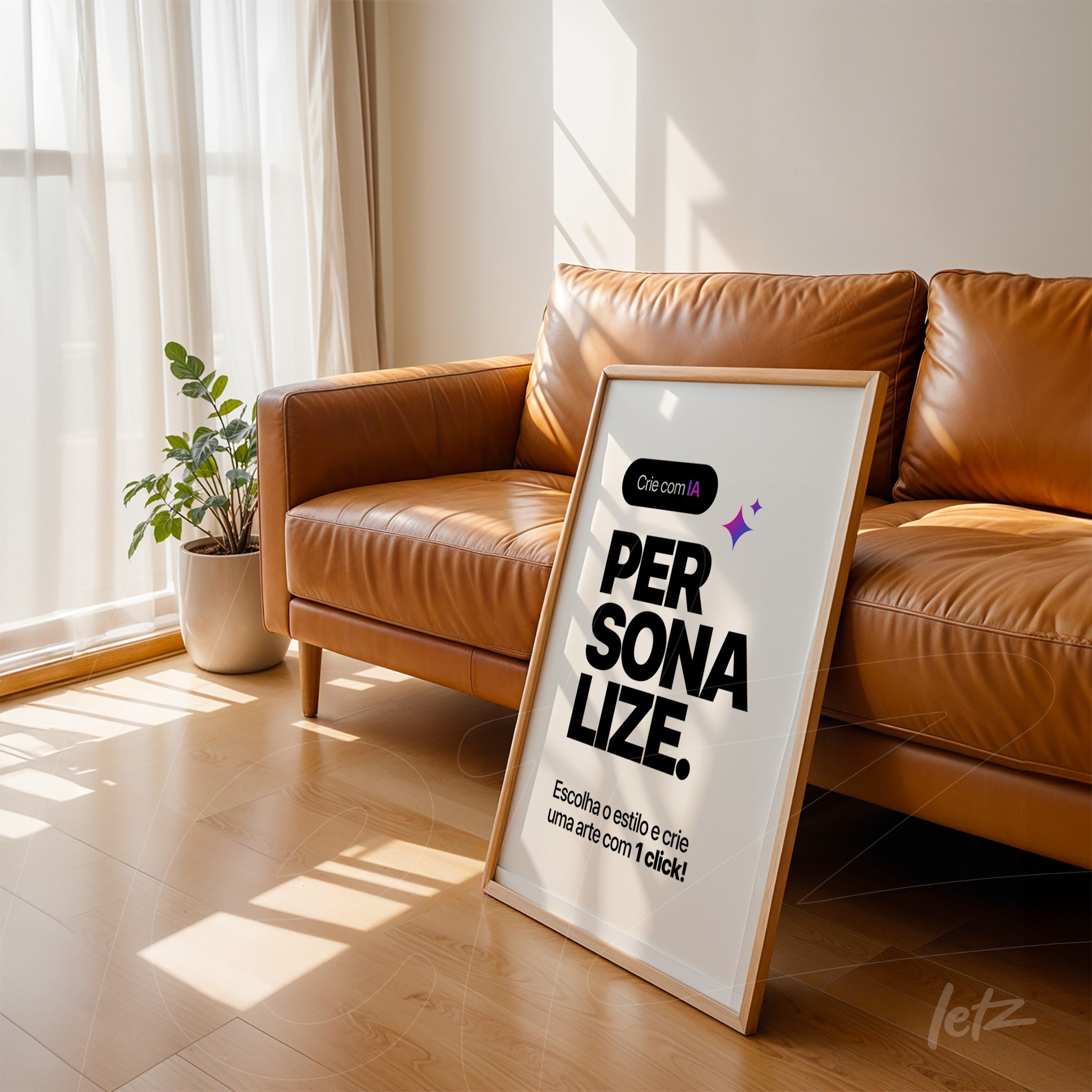 personalized wall art with contemporary design displayed on brown leather sofa