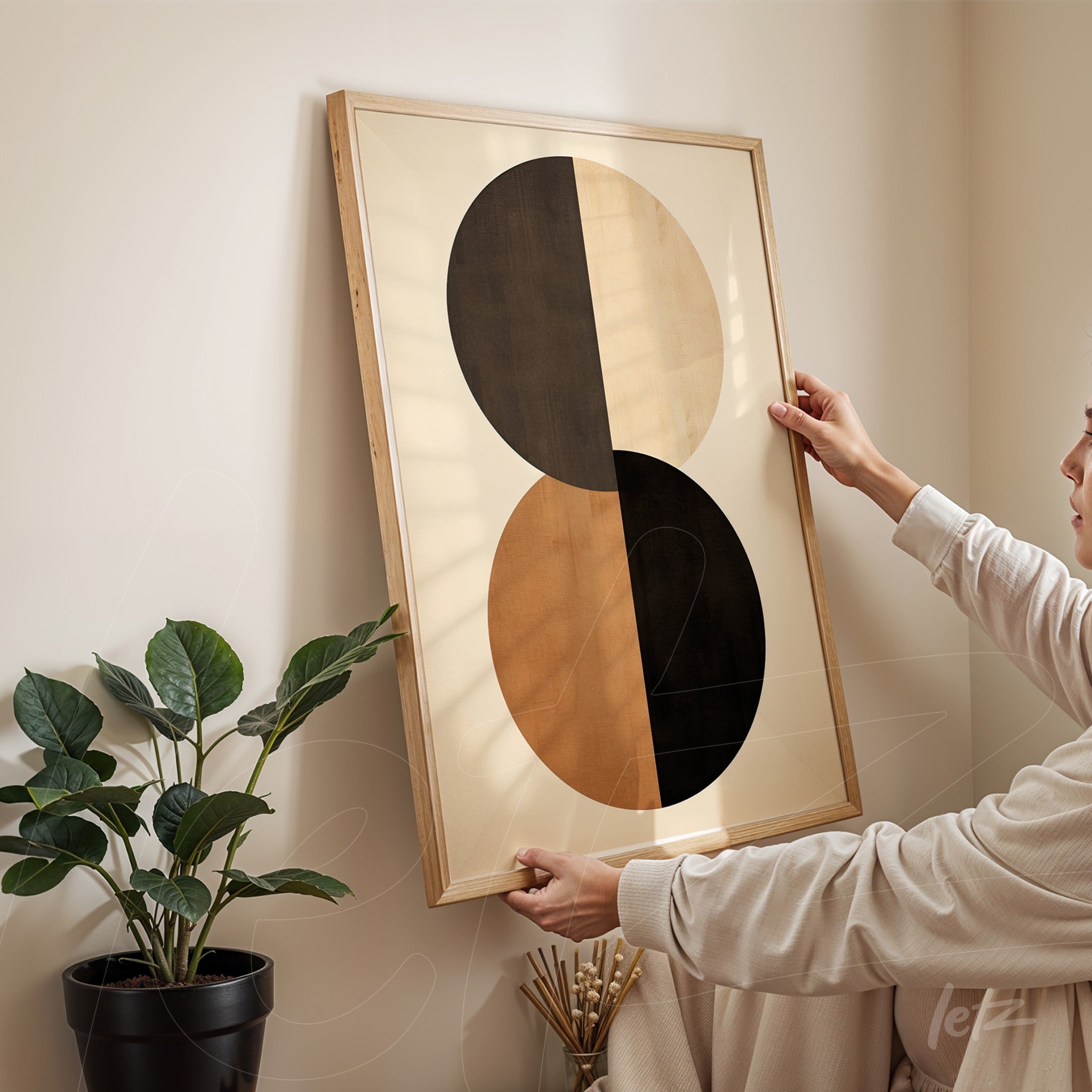 abstract art framed print featuring geometric shapes in a light wood frame