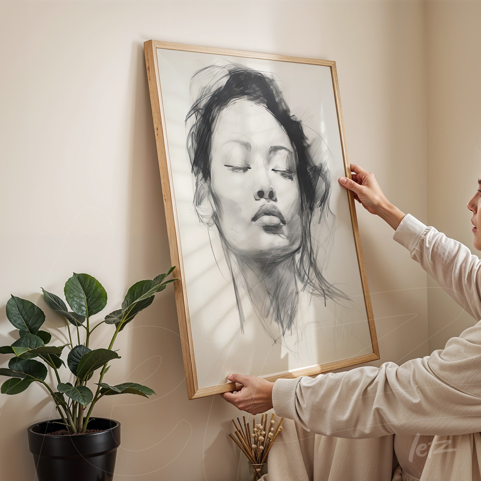 framed artwork of a woman portrait with fluid lines in light wood frame, displayed in a cozy setting with plant in the background