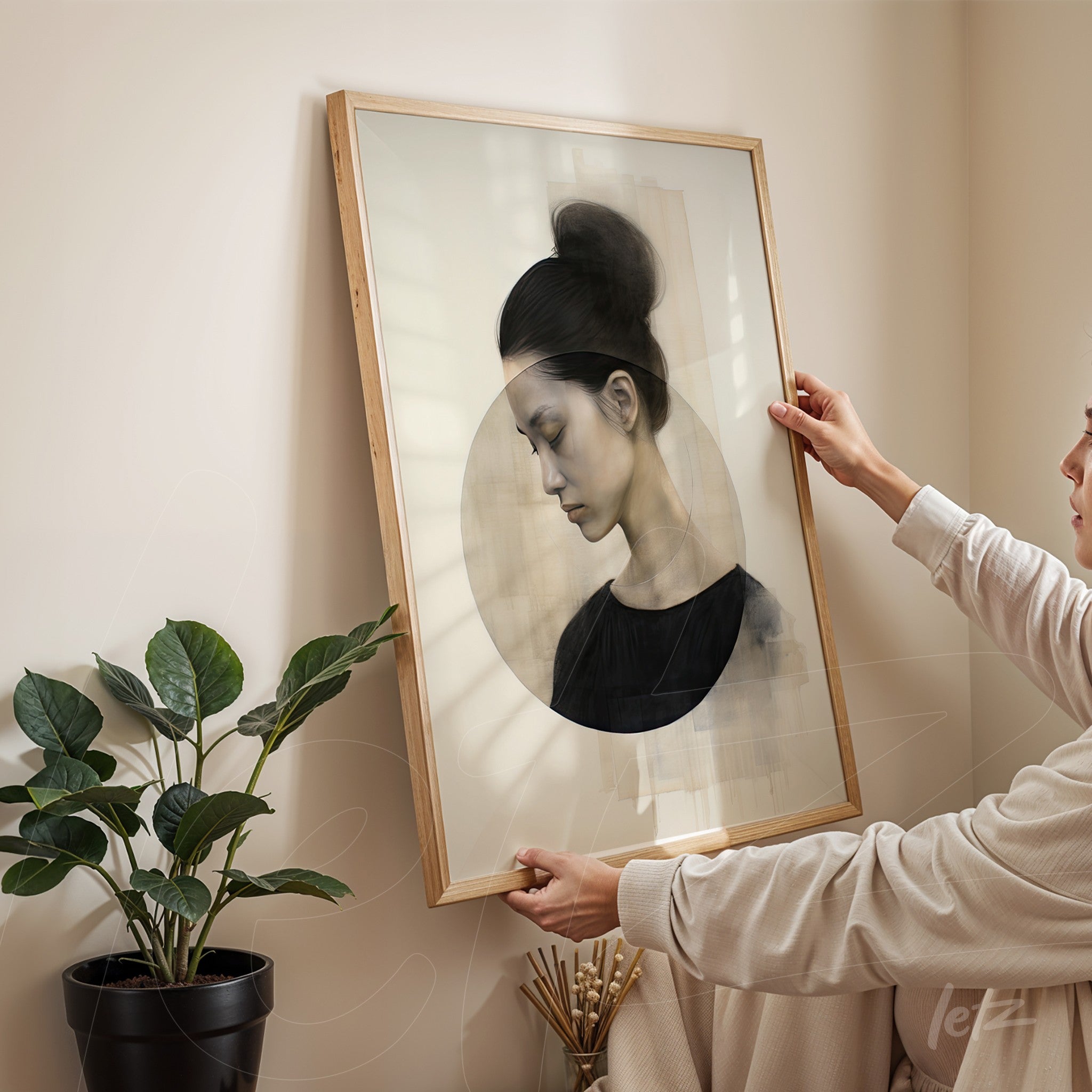 framed artwork of a female portrait in muted tones with a light wood frame, featuring a neutral background and soft lighting