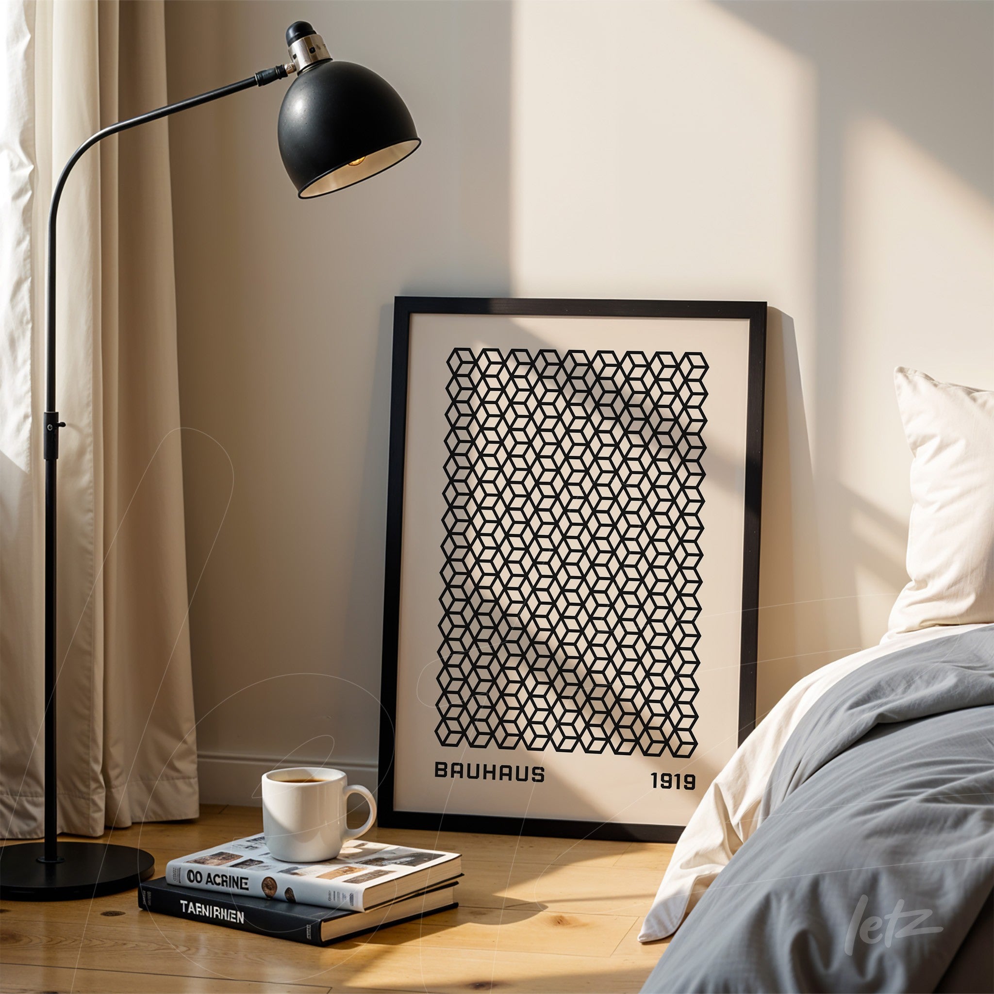 black and white geometric patterned print leaning against a wall next to a floor lamp, featuring the text 'bauhaus 1919'