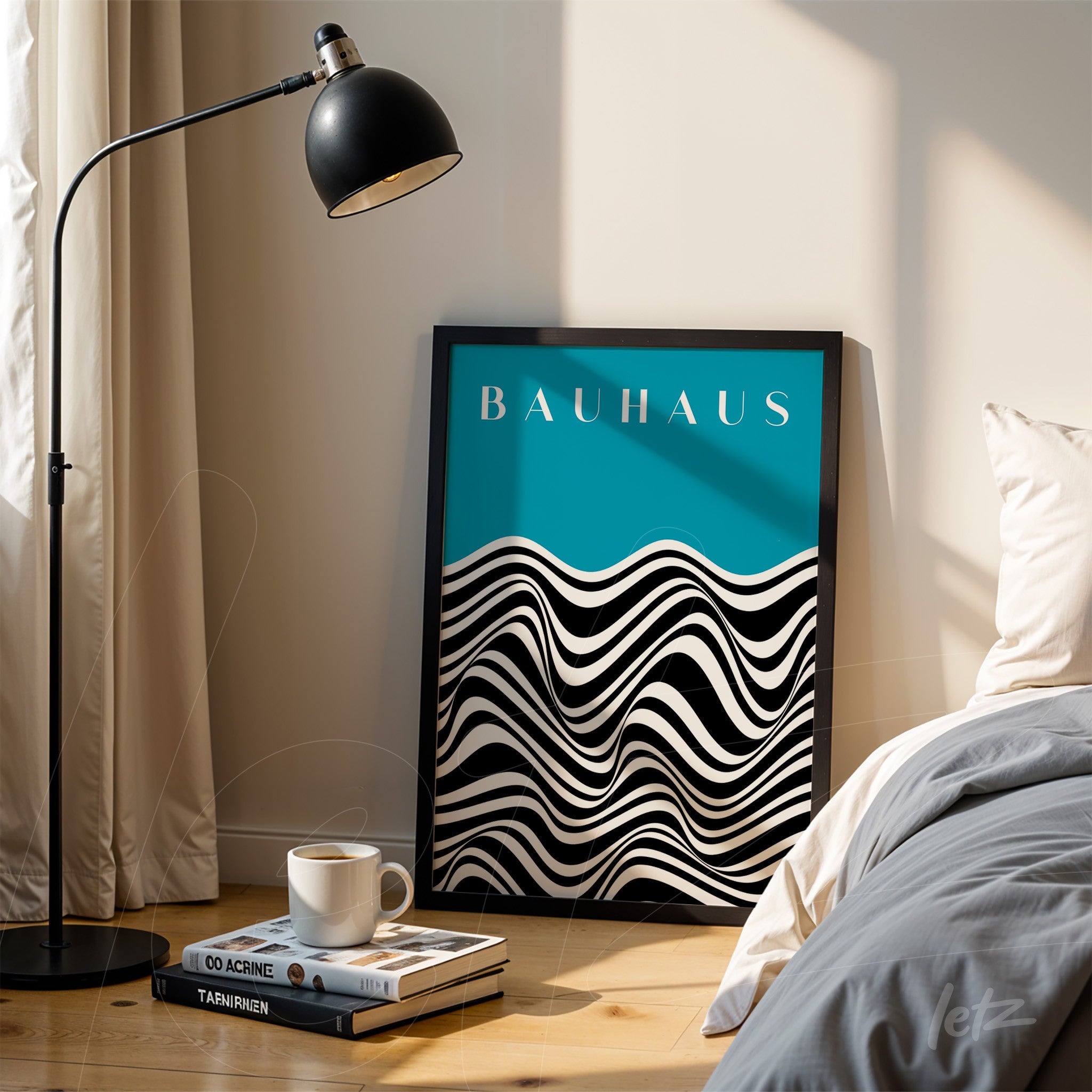 bauhaus style artwork with black and white wavy pattern on blue background, leaning against wall next to modern lamp