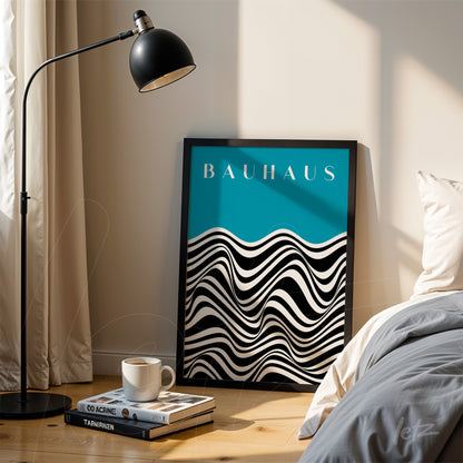 bauhaus style artwork with black and white wavy pattern on blue background, leaning against wall next to modern lamp