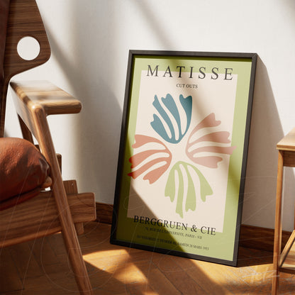 framed wall art inspired by matisse with black frame, green background, and blue and pink details