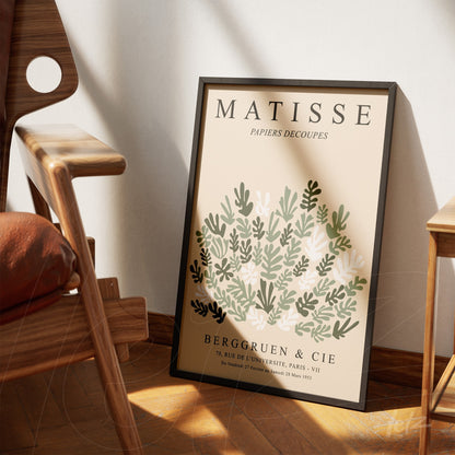 framed art inspired by matisse featuring leaves in shades of green and white details, displayed against a light background