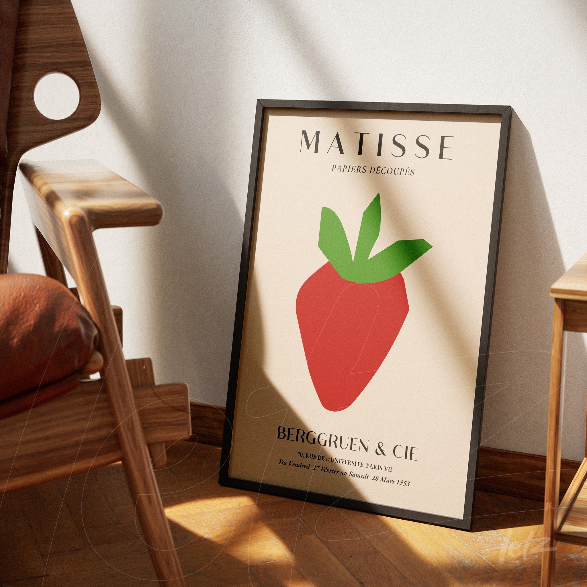 framed art print of a stylized apple beside a wooden chair