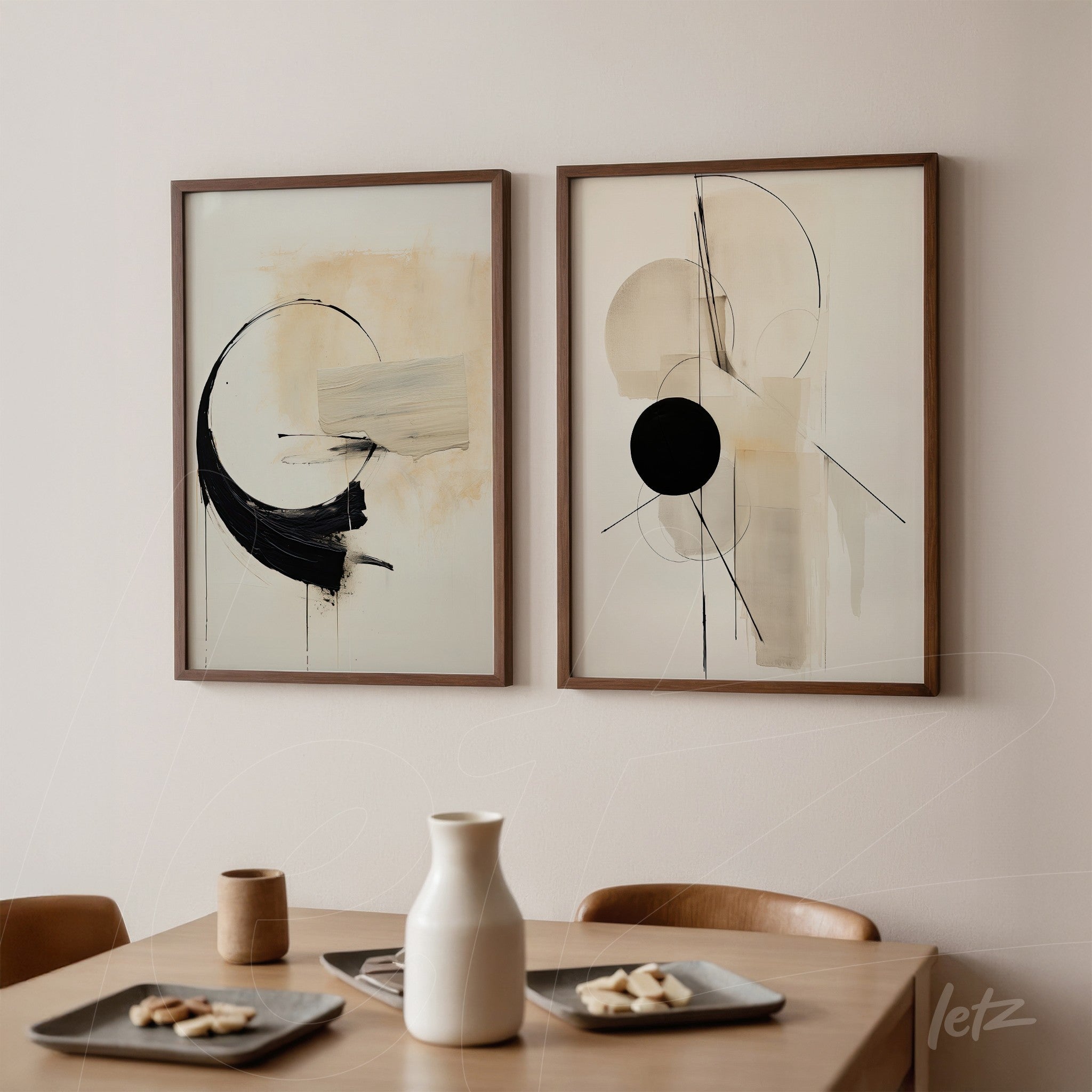 minimalist framed wall art composition in light wood featuring abstract shapes in black, beige, and gray on a light background