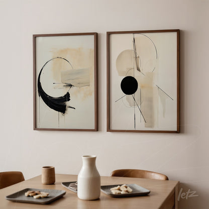 minimalist framed wall art composition in light wood featuring abstract shapes in black, beige, and gray on a light background