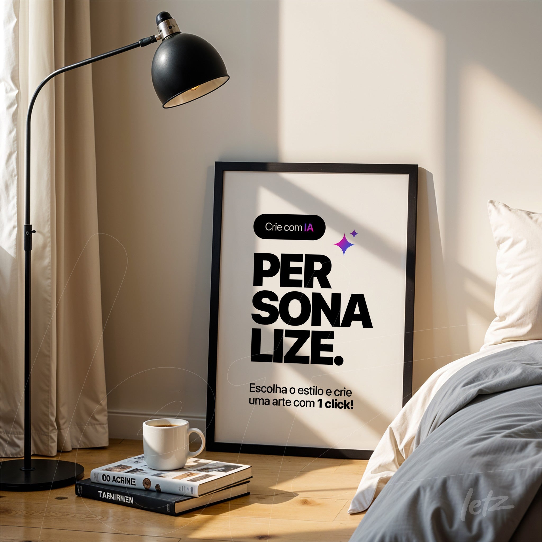 framed wall art with bold inspirational text displayed next to a lamp in a cozy setting