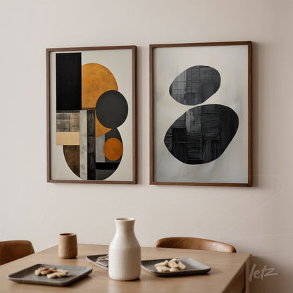 composition of two framed artworks featuring geometric shapes in black and orange tones on a light wall