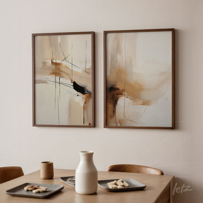 composition of two artworks with abstract design in earthy tones, dark wood frames displayed on a light wall