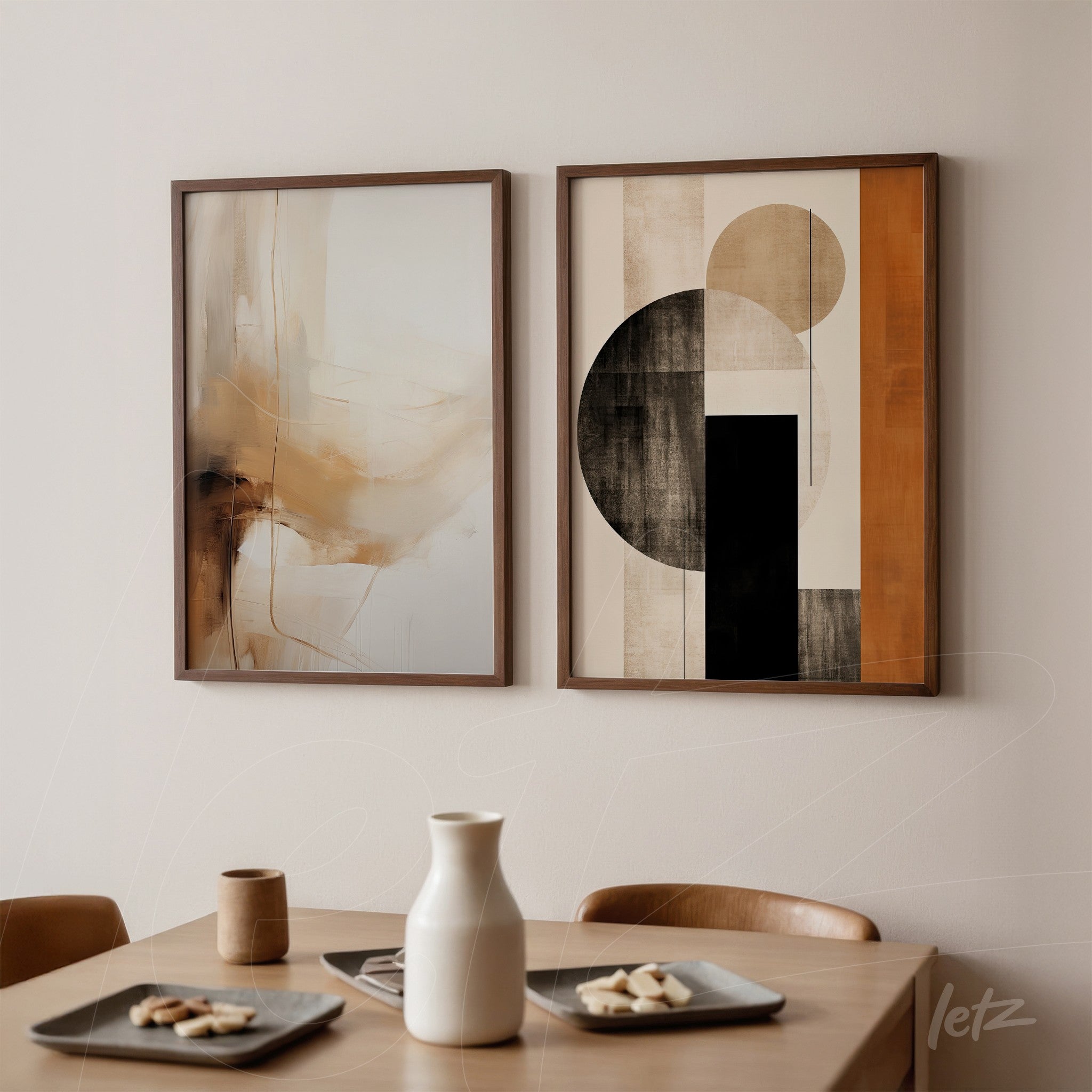 composition of abstract framed wall art with geometric shapes and earthy tones displayed in a minimalist setting