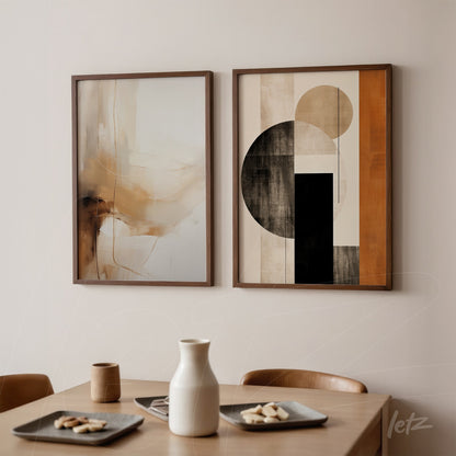 composition of abstract framed wall art with geometric shapes and earthy tones displayed in a minimalist setting