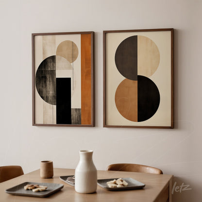 composition of two framed geometric artworks featuring circles in shades of orange and black against a light background