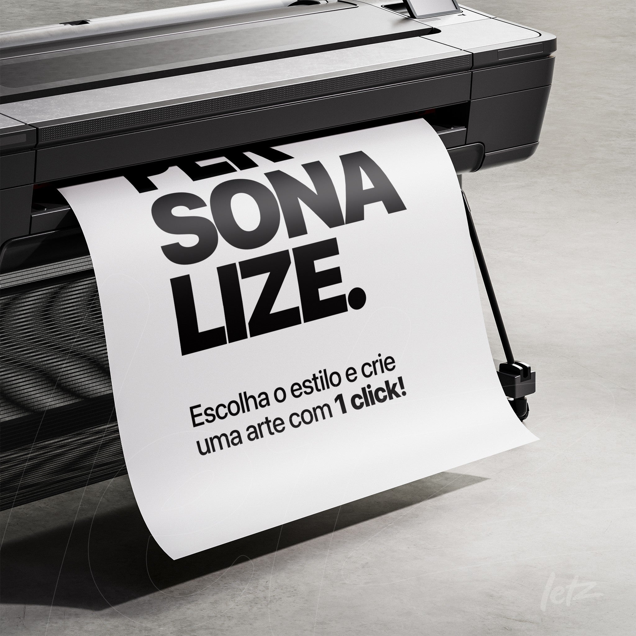 white poster with bold large text saying 'PERSONALIZE' coming out of printer against gray background