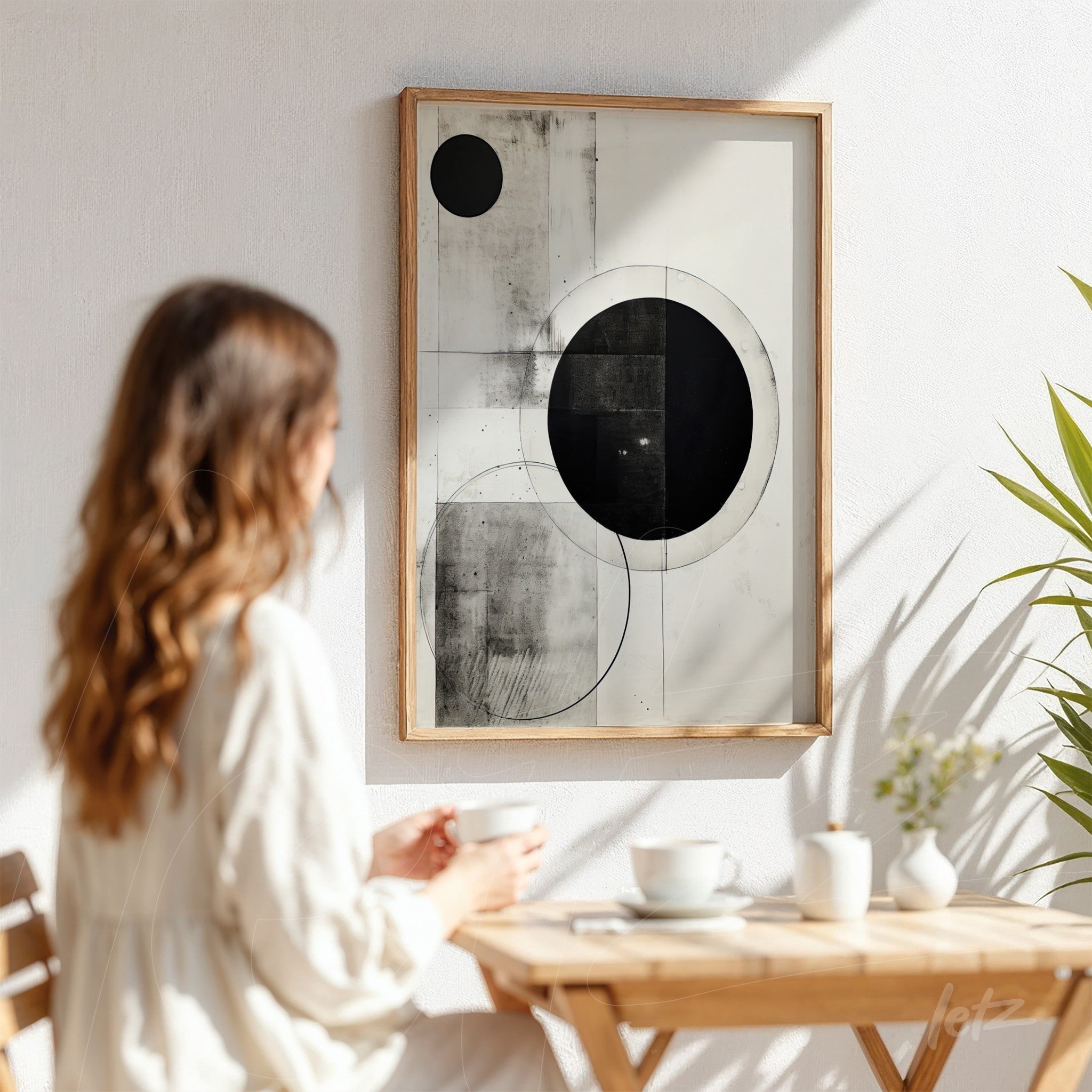 framed wall art featuring abstract black and white geometric shapes, displayed on a light wall with a natural wood frame