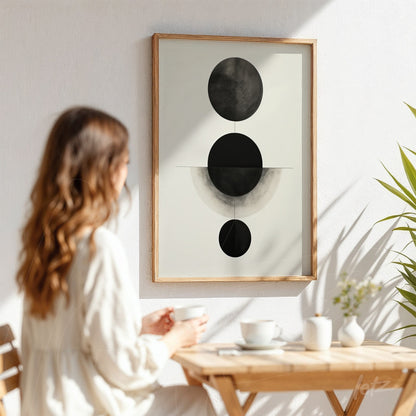 framed minimalist wall art featuring black and white circular shapes on a light background displayed on a white wall with a plant beside it