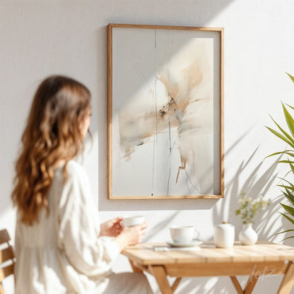 abstract wall art in earthy tones within a light wooden frame displayed on a white wall with plants surrounding