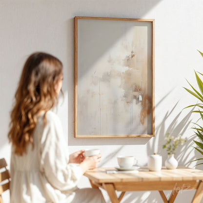 abstract art piece in shades of beige displayed in a light wood frame on a white wall
