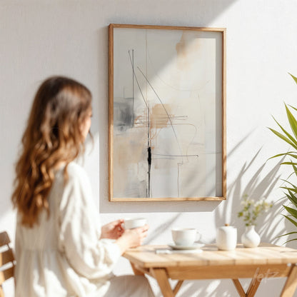 abstract wall art in neutral tones with delicate lines in light wooden frame displayed on white wall, with a woman seen from behind holding a cup