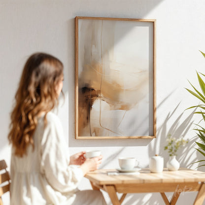 abstract wall art in light wood frame featuring neutral shades of beige and brown displayed on a white wall with a woman sitting on a wooden chair