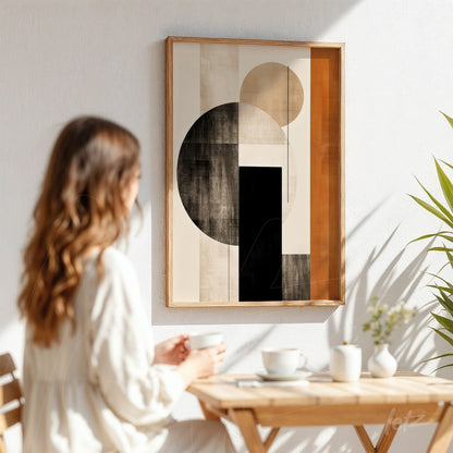 framed abstract art piece in light wood displayed in a bright setting with a woman holding a coffee cup