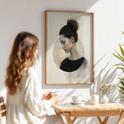 abstract art framed piece displayed on a light wall, featuring a contemplative woman with a soft background and light wood frame