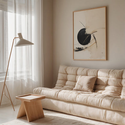 abstract artwork featuring dark shapes and subtle strokes in a light frame displayed on the wall of a cozy living room