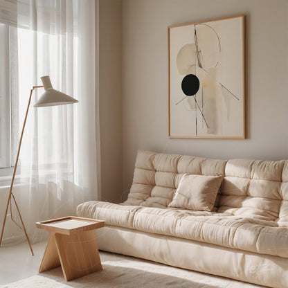 abstract artwork in neutral tones featuring geometric shapes and a large black circle, framed with a natural outline, displayed on the wall of a minimalist living room