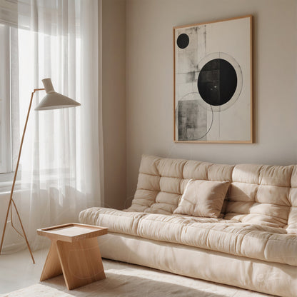 framed abstract wall art featuring black and white geometric shapes in a light wood frame displayed in a minimalist setting with beige sofa