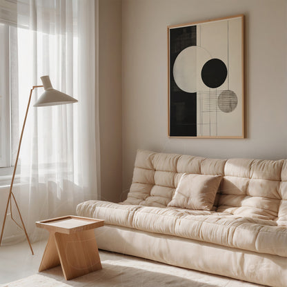 modern framed artwork with black and white geometric shapes mounted on a neutral wall in a room with a beige sofa