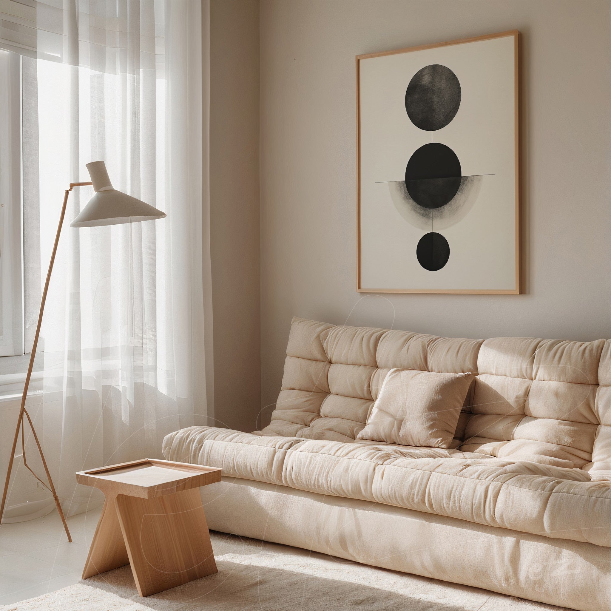 minimalist wall art featuring geometric shapes in black and gray tones with light wood frame