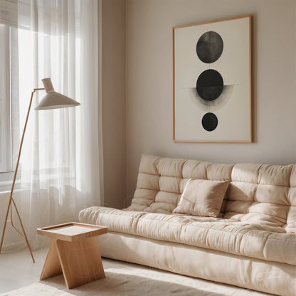 minimalist wall art featuring geometric shapes in black and gray tones with light wood frame