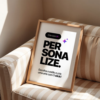 framed wall art featuring a white background with bold black text proclaiming personalize, displayed on a striped couch