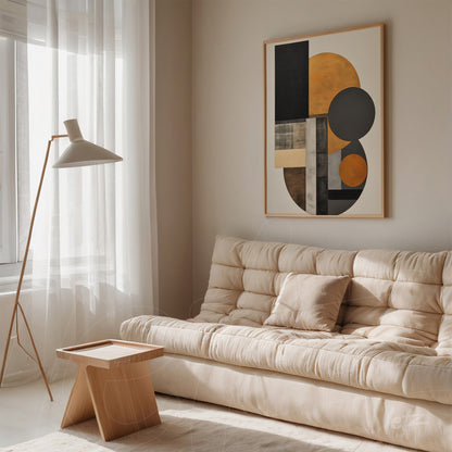framed geometric wall art featuring circular and rectangular shapes in earthy and black tones displayed in a modern setting with a cream sofa and floor lamp
