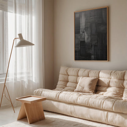 abstract wall art in black and gray with light frame displayed in a minimalist setting featuring a beige sofa and natural light