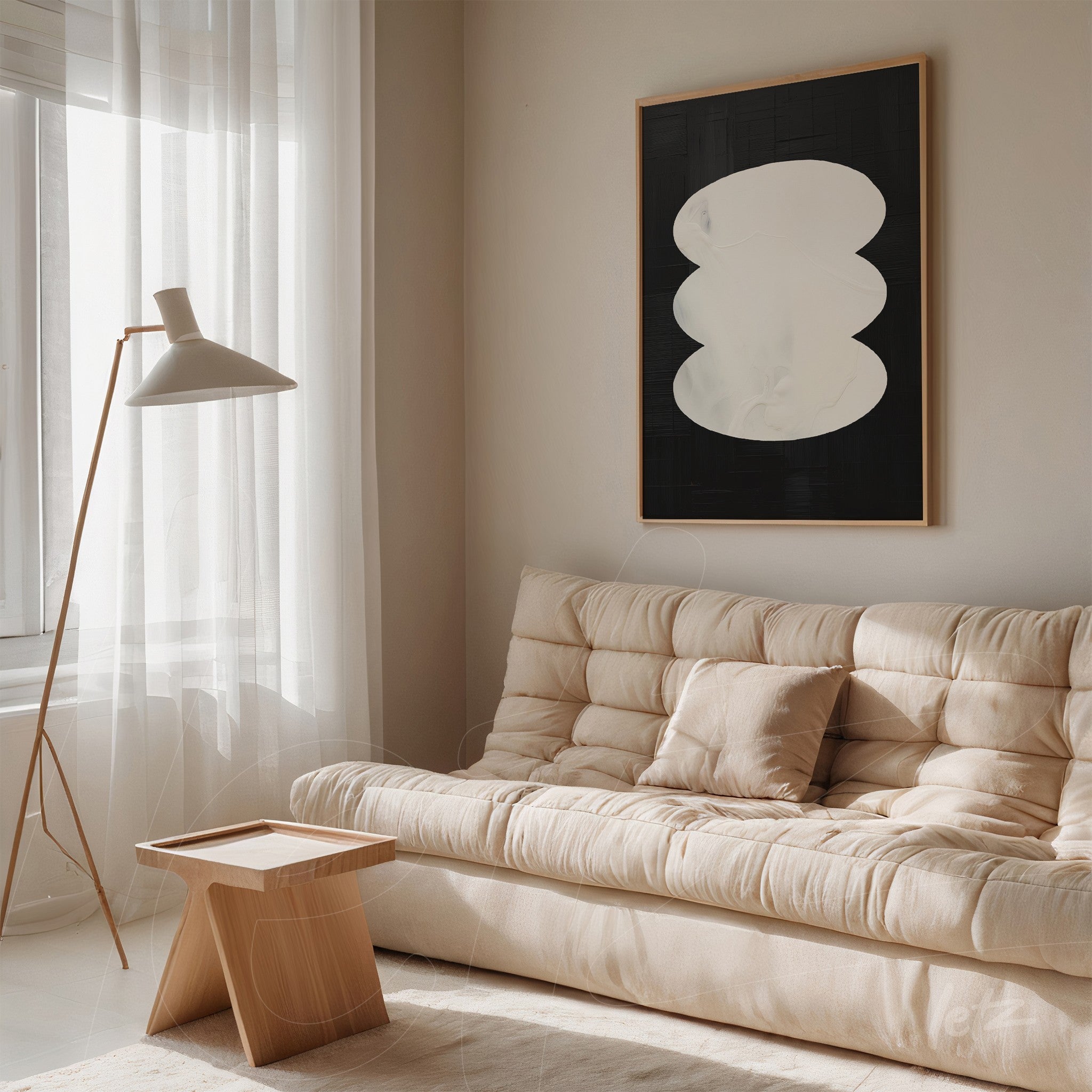 abstract wall art in a thin wood frame, displayed in a minimalistic setting with a light sofa and contemporary floor lamp