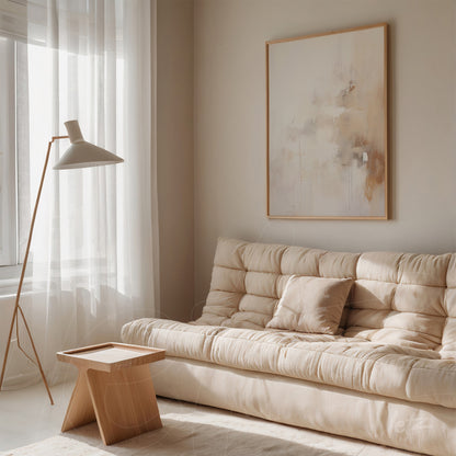 abstract artwork in neutral tones framed in light wood hanging above beige sofa in minimalist setting