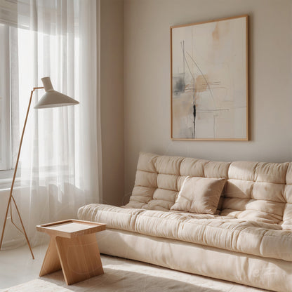 abstract artwork with minimalist lines in light frame displayed above a neutral fabric sofa in a bright setting