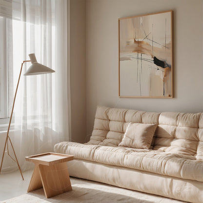 framed abstract art in neutral tones hanging in a minimalist space featuring a beige sofa