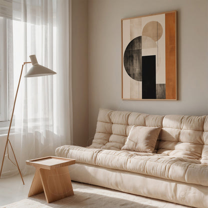 framed wall art featuring abstract shapes in earthy tones with a light wood frame displayed in a modern living room with a light sofa
