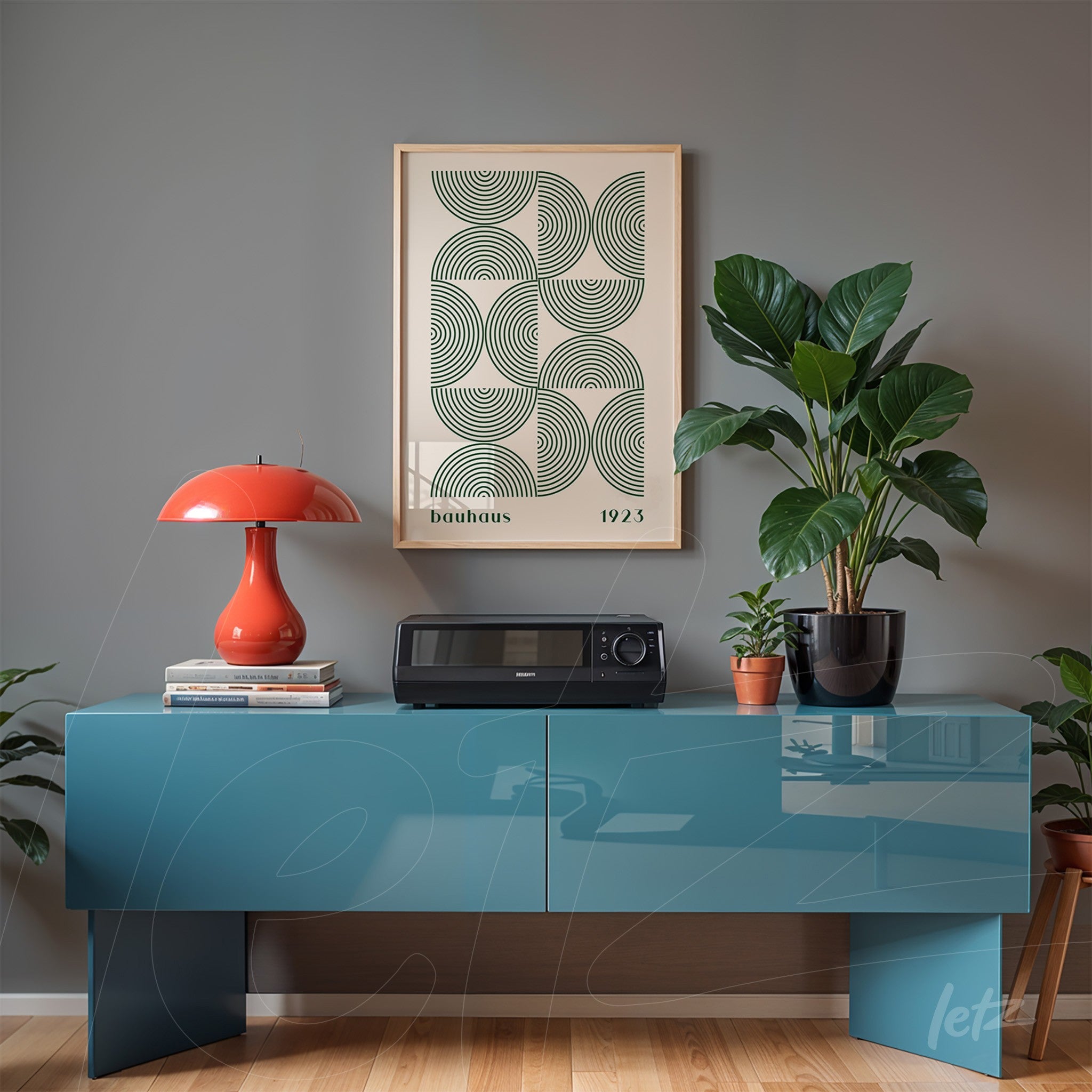 impressionist art poster of geometric waves framed in light wood