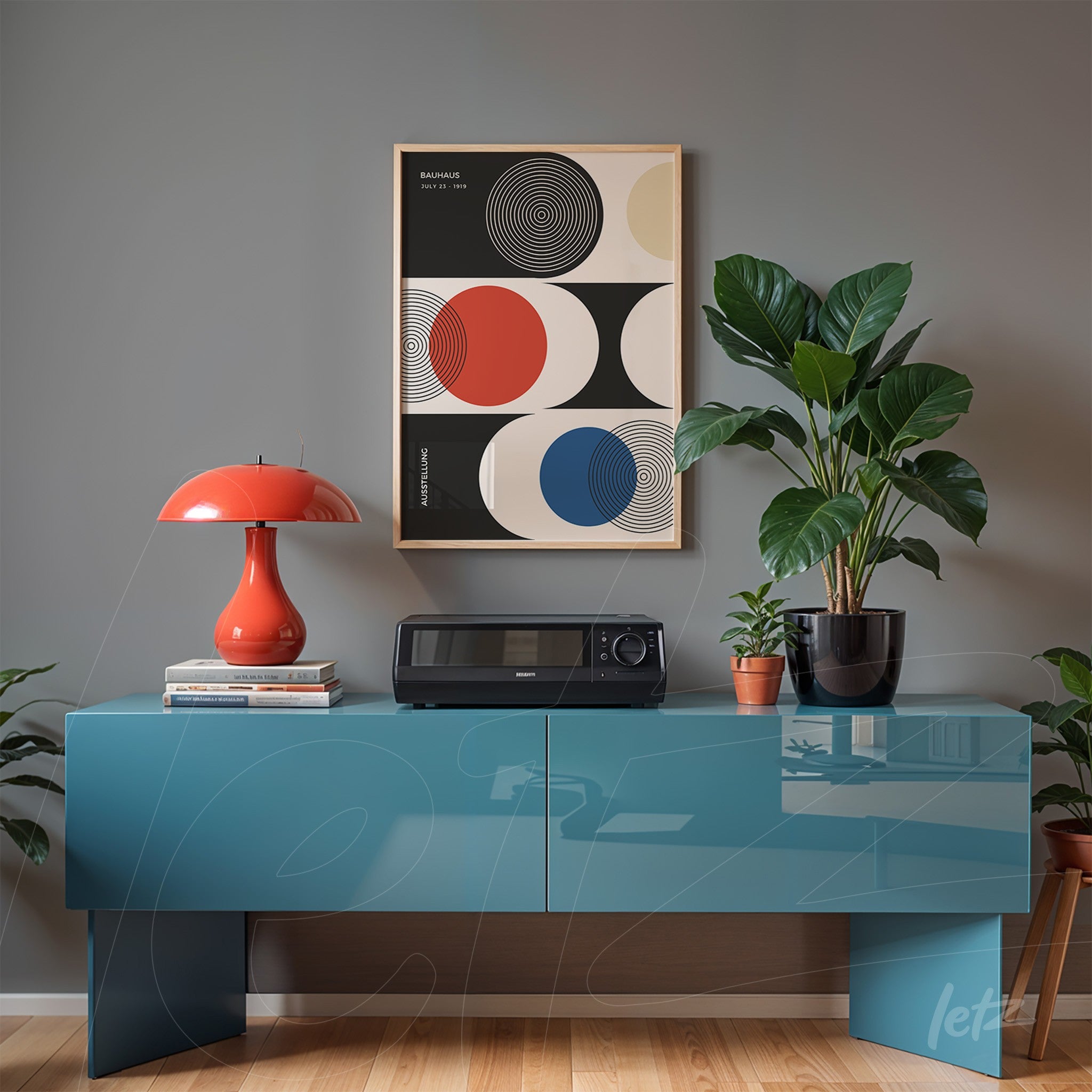 modern geometric art with colorful circles in light wood frame displayed above blue sideboard