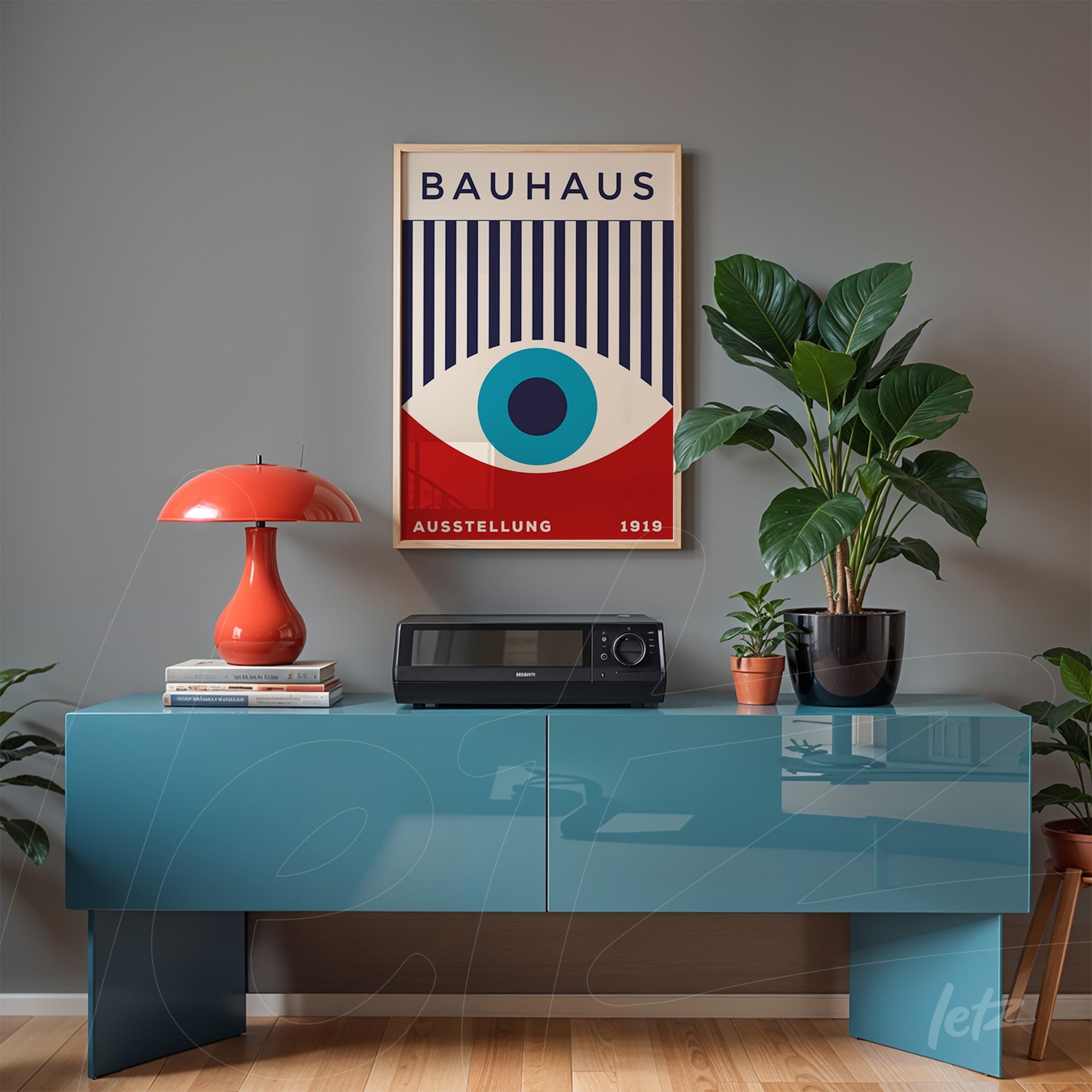 poster featuring Bauhaus movement art in a light wood frame, displayed on a gray wall above a blue console with plants and a red lamp