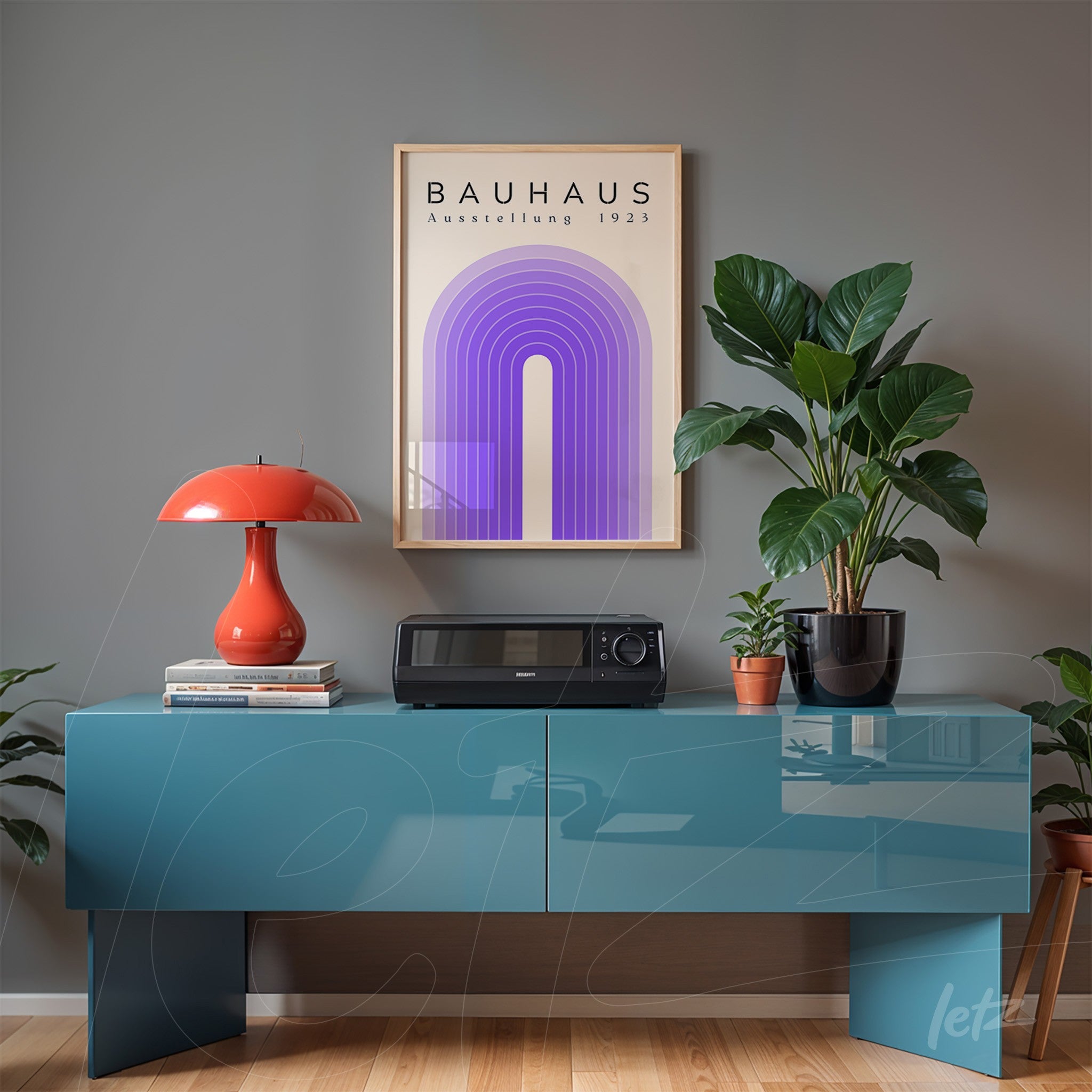 framed art inspired by the Bauhaus movement of 1923 in purple tones with a light frame