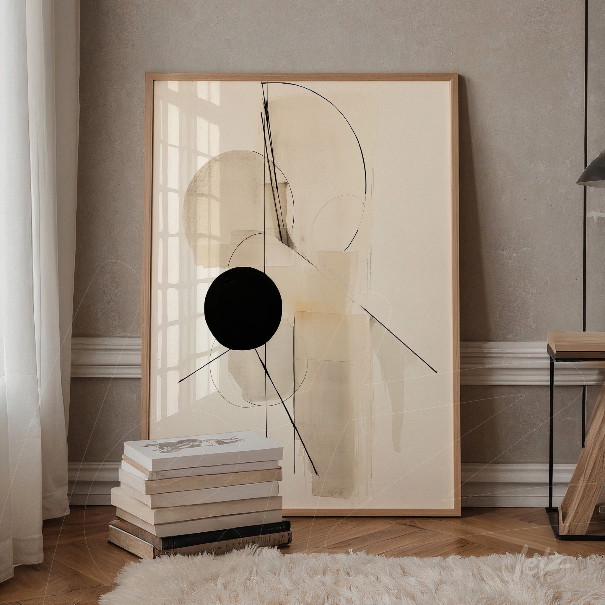 abstract artwork featuring geometric shapes on a neutral background with a light wooden frame displayed in a modern minimalist setting