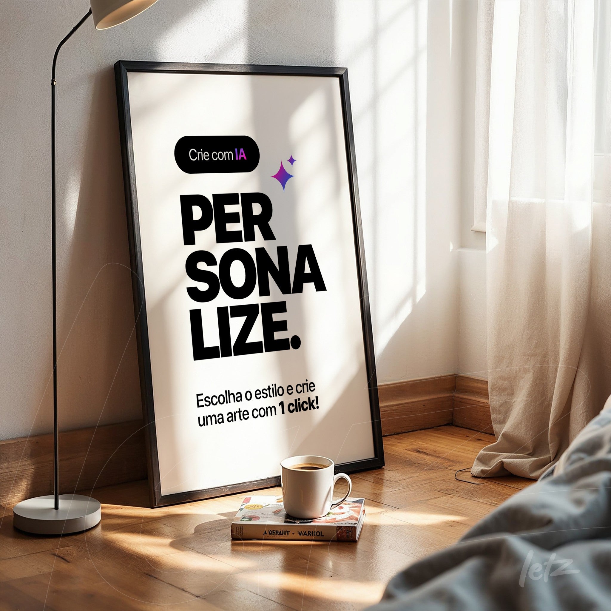 framed wall art featuring inviting text displayed in a bright and cozy setting