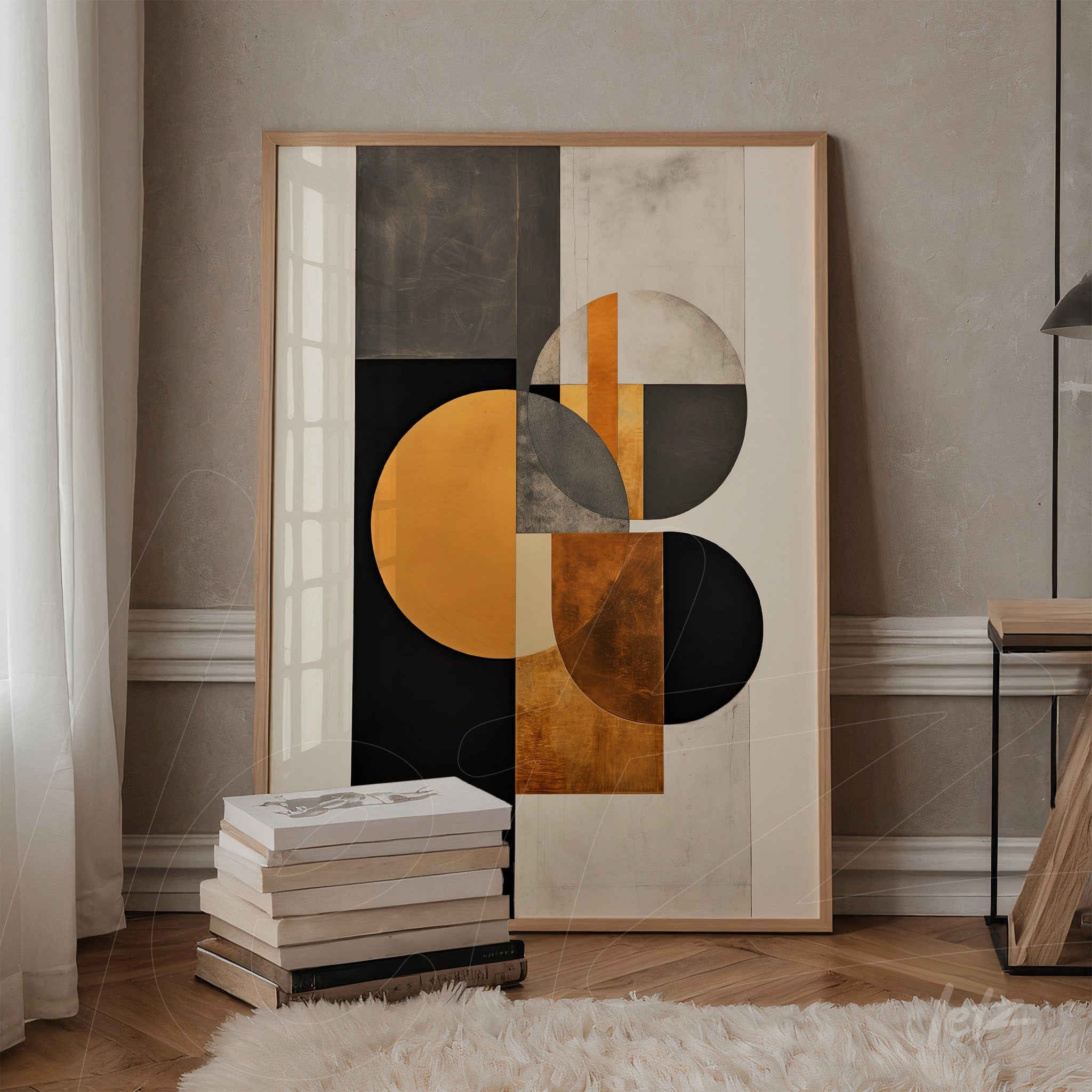 framed abstract wall art in shades of orange, black, and gray with light wood frame displayed on neutral wall